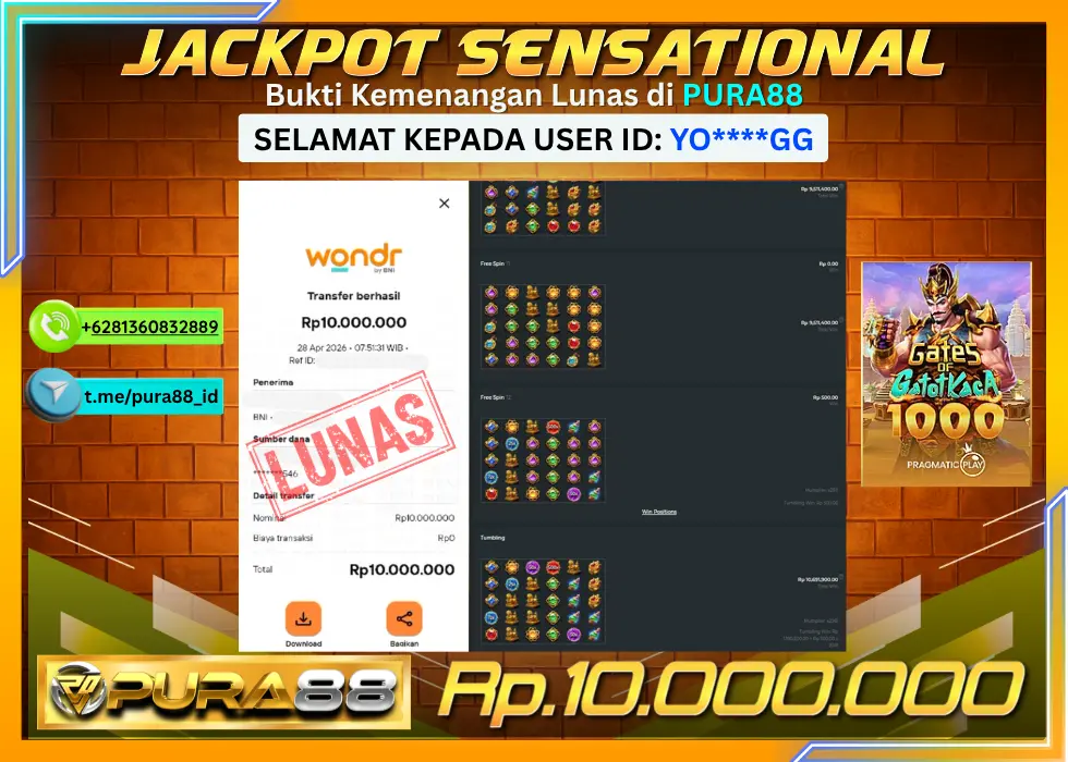 PURA88 JACKPOT GATES OF GATOT KACA 1000 Rp 10.000.000,- LUNAS